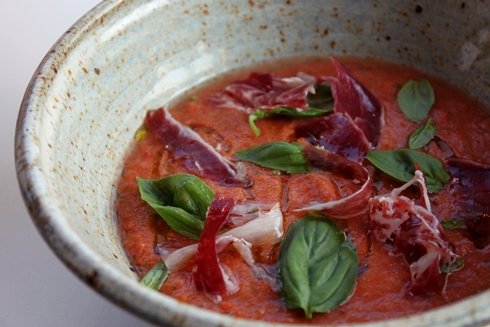 Summery gazpacho soup with Spanish ham and basil
